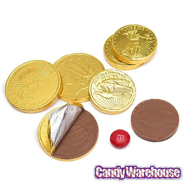 Madelaine Gold Foiled Milk Chocolate Coins - Assorted: 5LB Bag 2 Madelaine Gold Foiled Milk Chocolate Coins - Assorted: 5LB Bag - Image 2