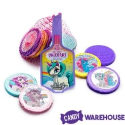 Rainbow Unicorn Foiled Milk Chocolate Coins In Mesh Bags: 18-Piece Box -Best Candy Store rainbow unicorn foiled milk chocolate coins in mesh bags 18 piece box candy warehouse 3